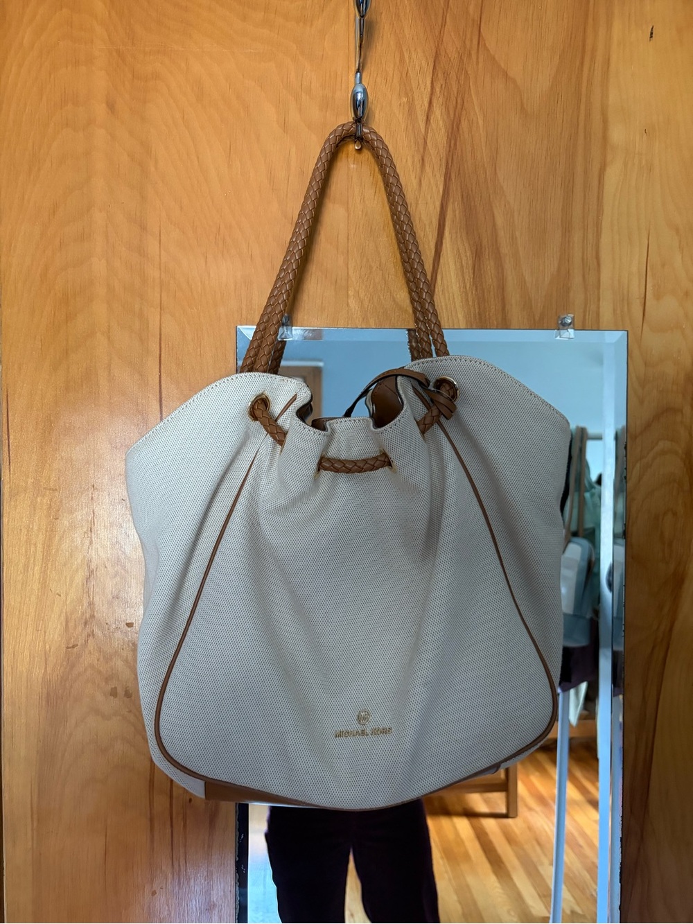 Michael Kors Beige Canvas Tote with Tan Braided Handles